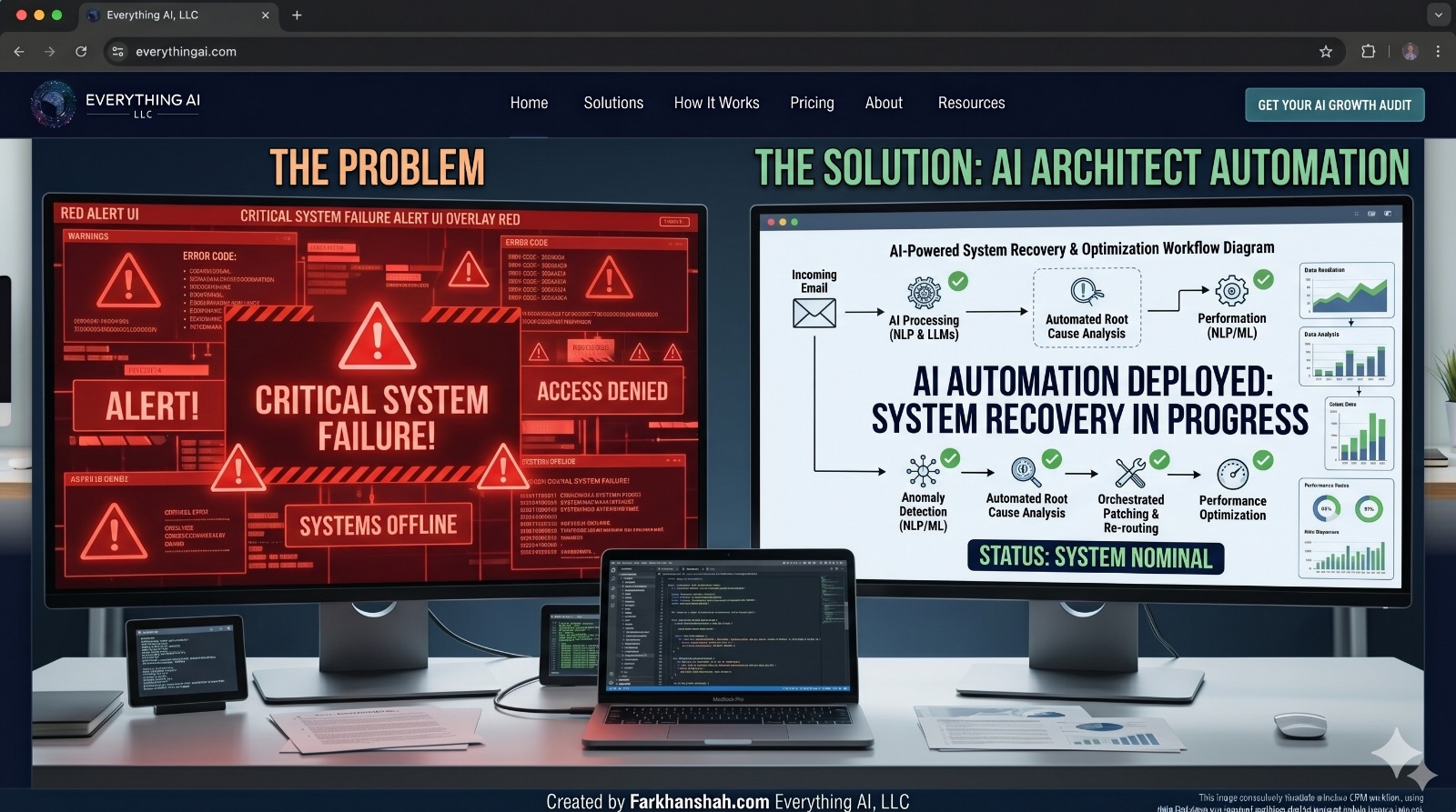 Red alert style UI overlays indicating critical system failures and business fragility.