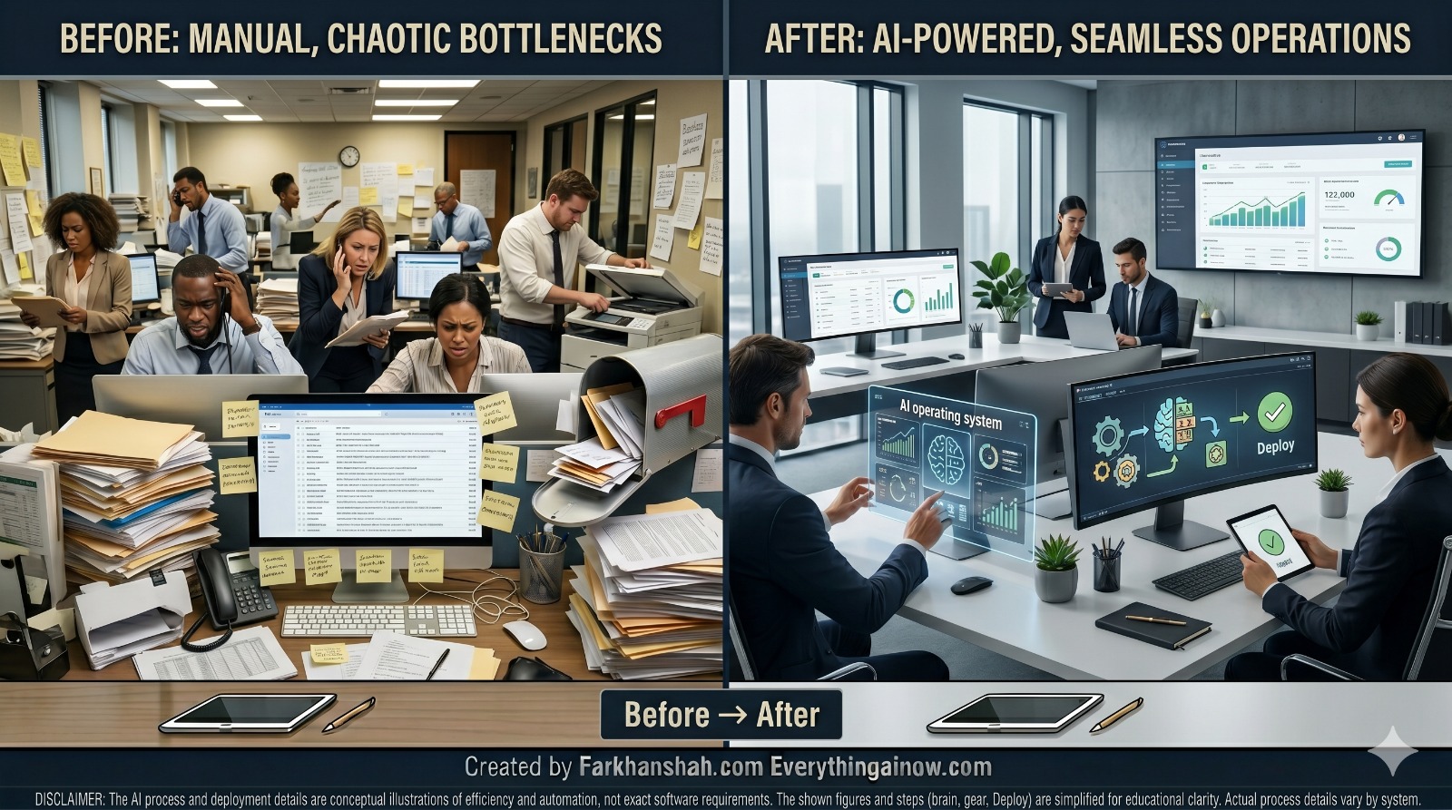 Before and after transformation visualization of business operations from manual bottlenecks to AI-powered flow.