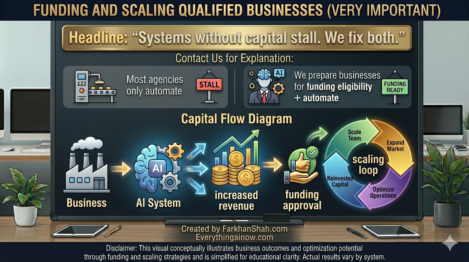 Funding and scaling visual showing business automation paired with funding readiness and capital flow outcomes.
